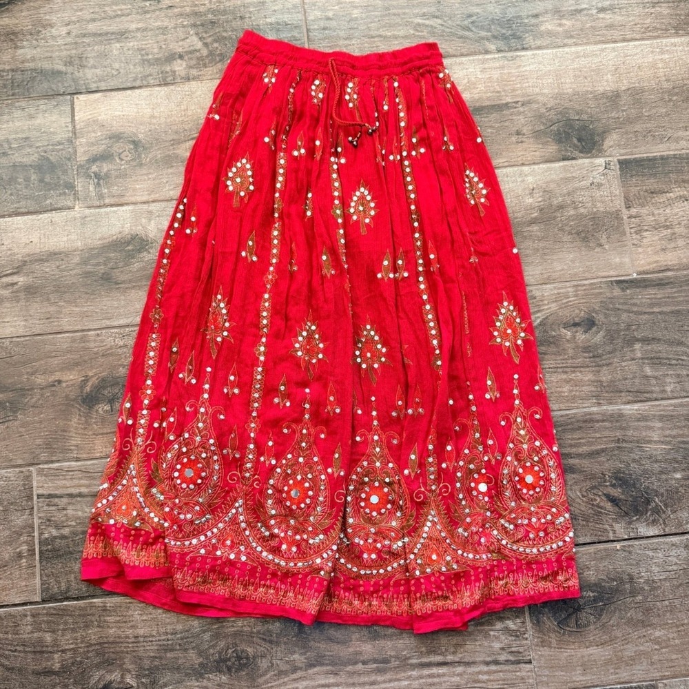 Earthbound Trading Co‎ Sequin Mirror Boho Festival Wedding Maxi Skirt, Red, S